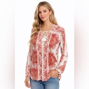Lucky Brand Red Paisley Boho Peasant Top Tassel Tie Blouse Women’s Long Sleeve